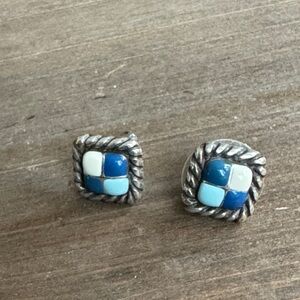 Silver Blue Mosaic Inlay Stud Earrings